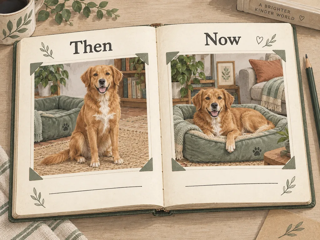 Illustrated scrapbook with Then and Now pictures of the same dog beside its bed.