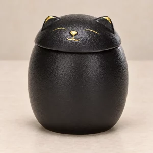 Black cat-shaped ceramic urn viewed from a slight angle
