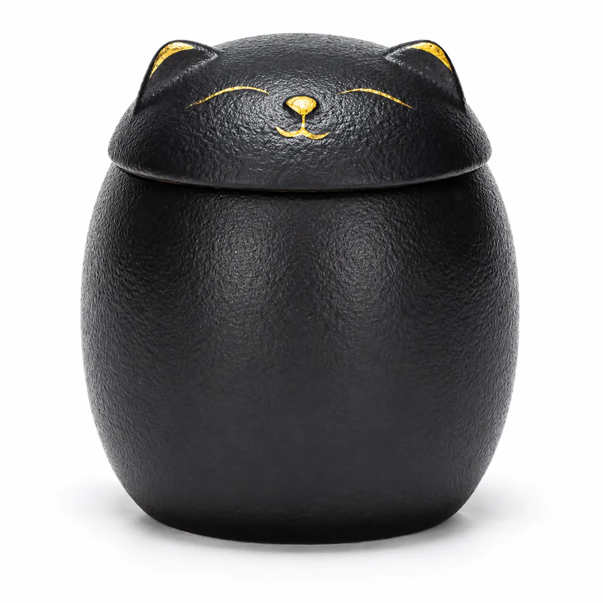 Black ceramic cat urn with gold sleeping face and cat-ear lid