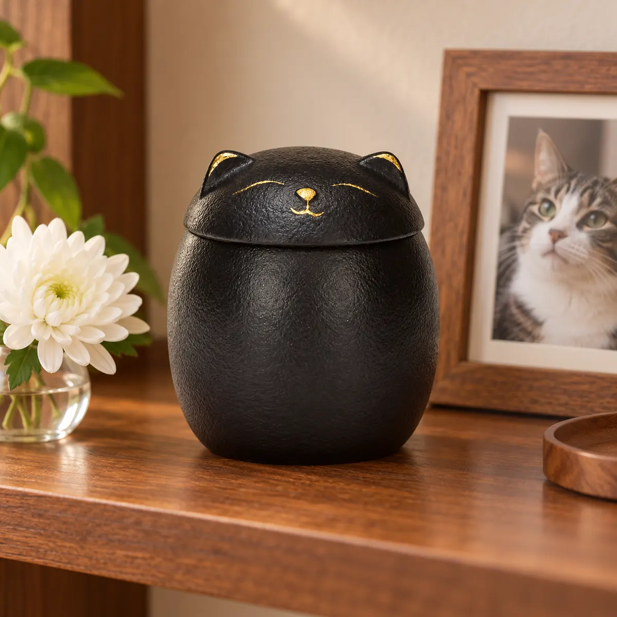 Black ceramic cat urn displayed indoors beside a cat photo and flower