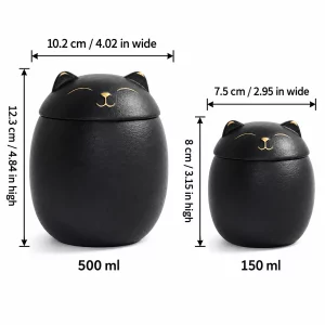 Black cat urn size chart comparing 500 ml and 150 ml capacities