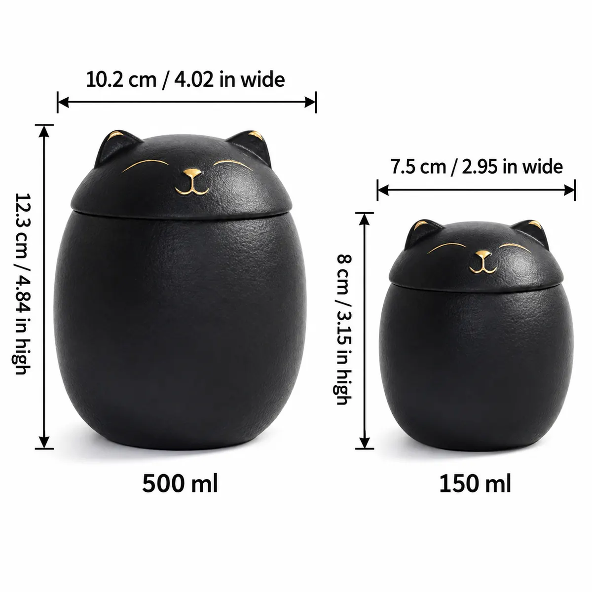Black cat urn size chart comparing 500 ml and 150 ml capacities