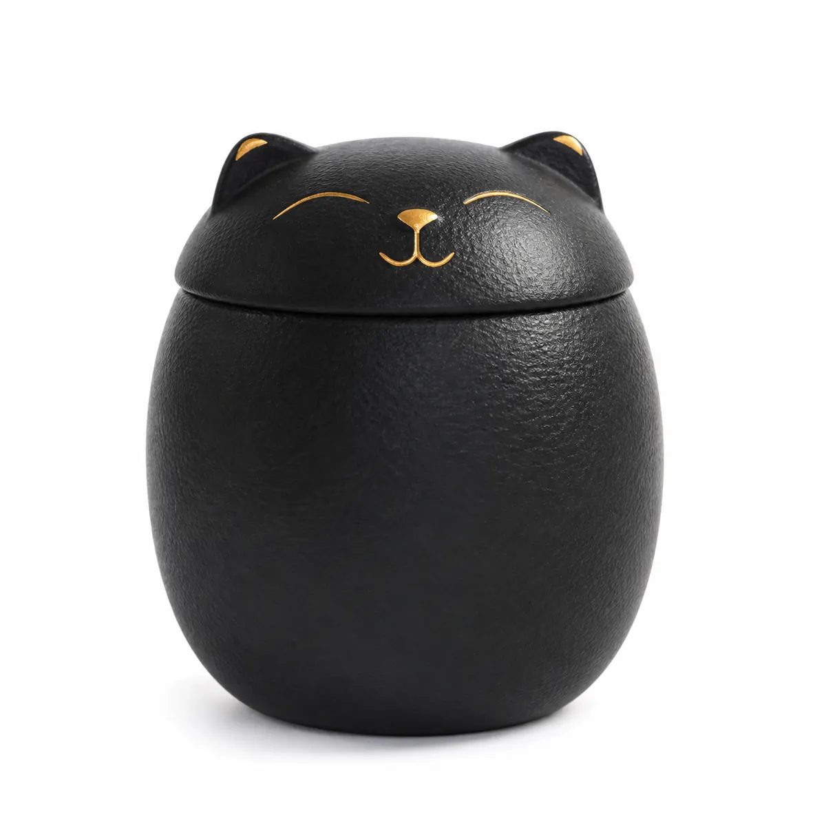 Small 150 ml black ceramic cat urn on white background