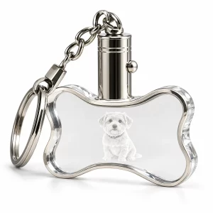 Personalized Bone-Shaped Crystal Pet Photo Keychain, angled view