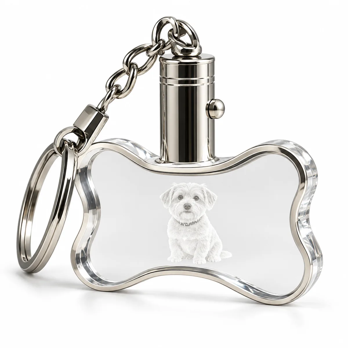 Personalized Bone-Shaped Crystal Pet Photo Keychain, angled view