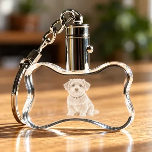 Personalized Bone-Shaped Crystal Pet Photo Keychain, close-up detail