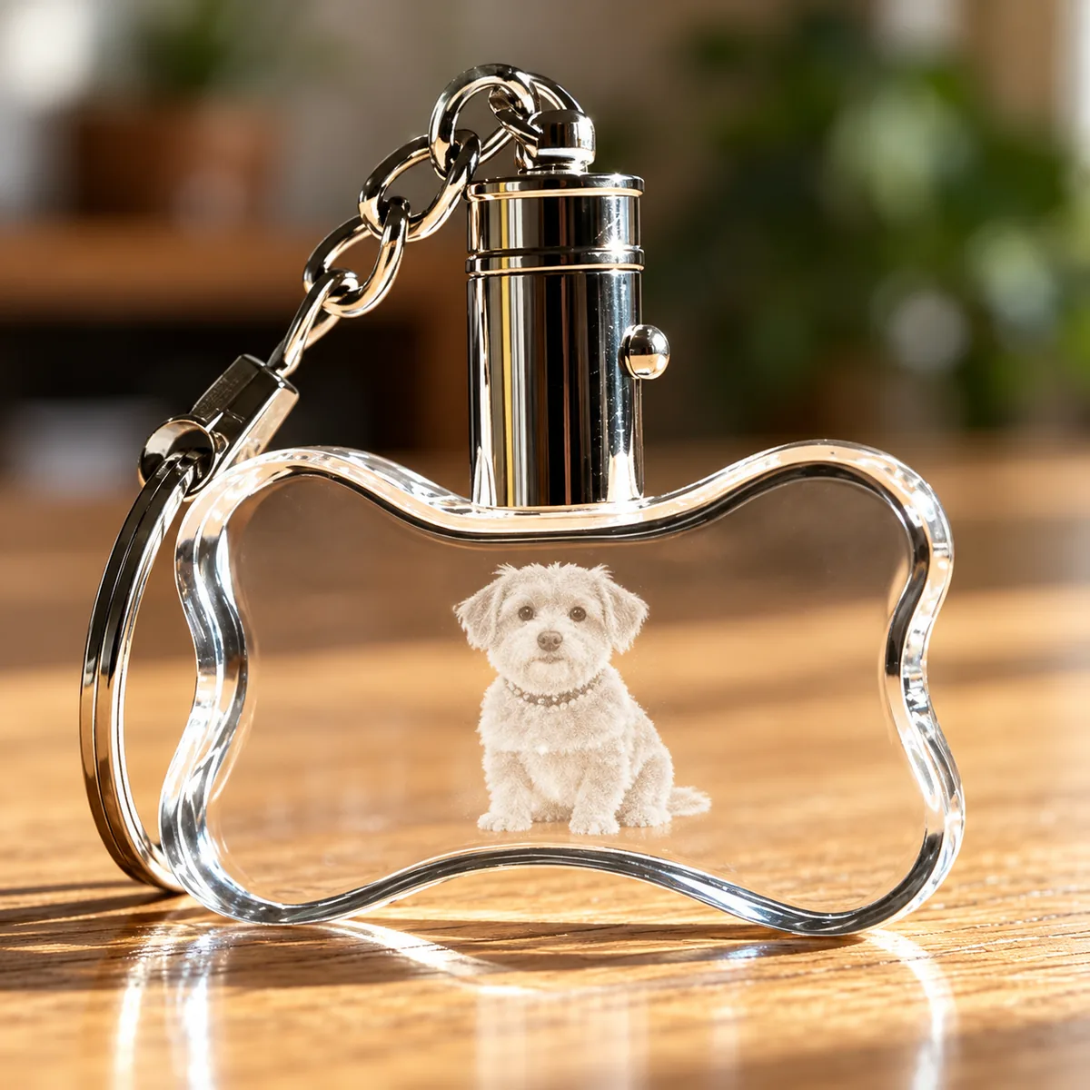 Personalized Bone-Shaped Crystal Pet Photo Keychain, close-up detail