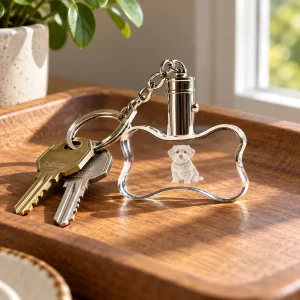 Personalized Bone-Shaped Crystal Pet Photo Keychain, attached to keys