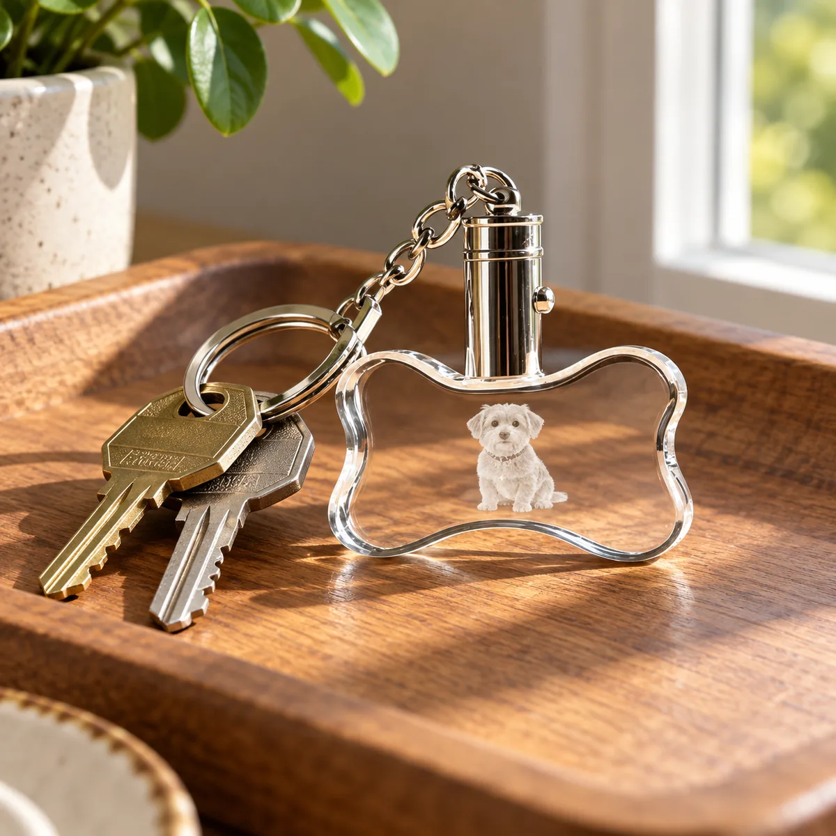 Personalized Bone-Shaped Crystal Pet Photo Keychain, attached to keys