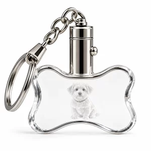 Personalized Bone-Shaped Crystal Pet Photo Keychain, front view