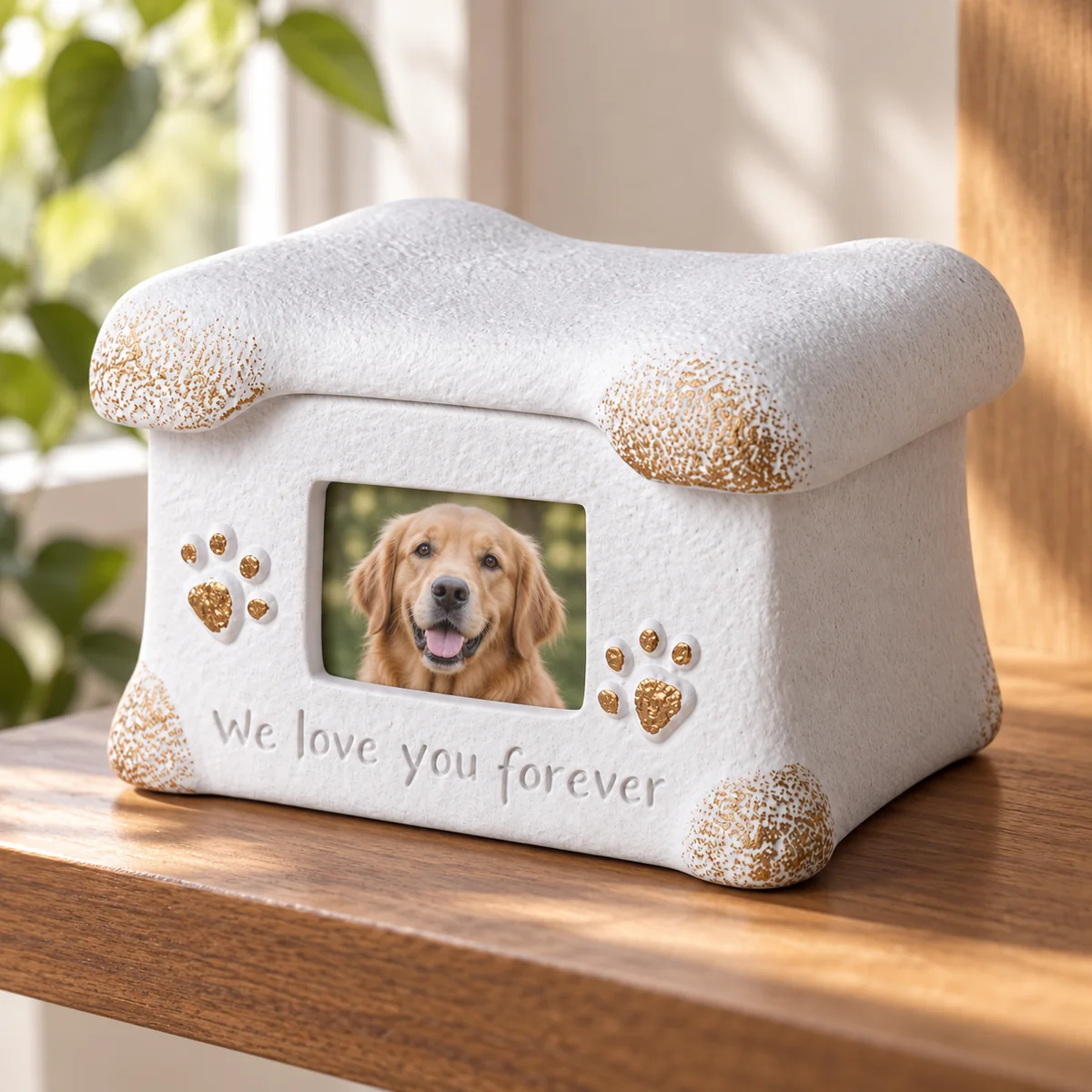 Pet Photo Urn with Bone-Shaped Lid, 1100 ml, displayed indoors