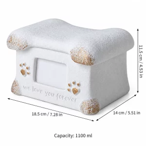 Pet Photo Urn with Bone-Shaped Lid, 1100 ml, dimensions in centimeters and inches