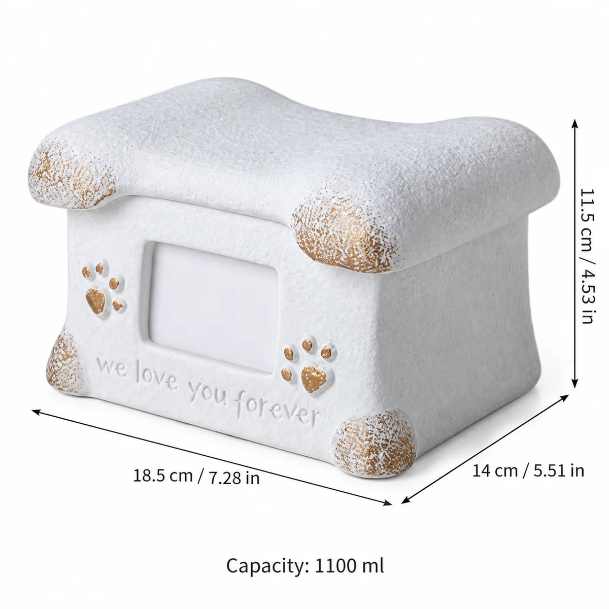 Pet Photo Urn with Bone-Shaped Lid, 1100 ml, dimensions in centimeters and inches
