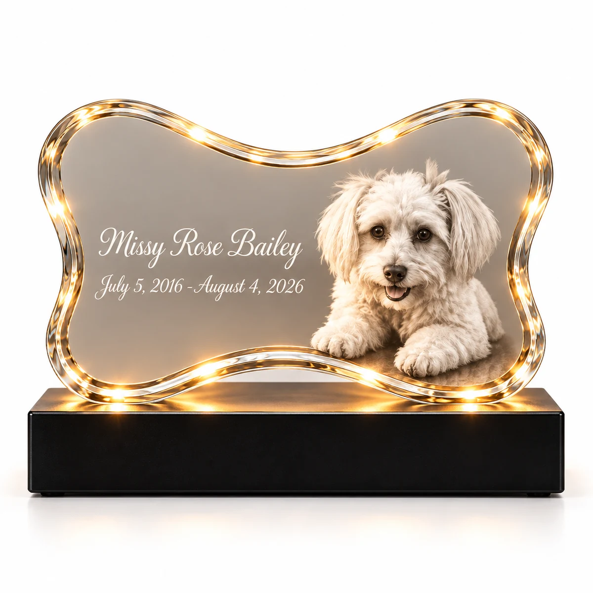 Front view of a bone-shaped illuminated crystal with an example dog portrait