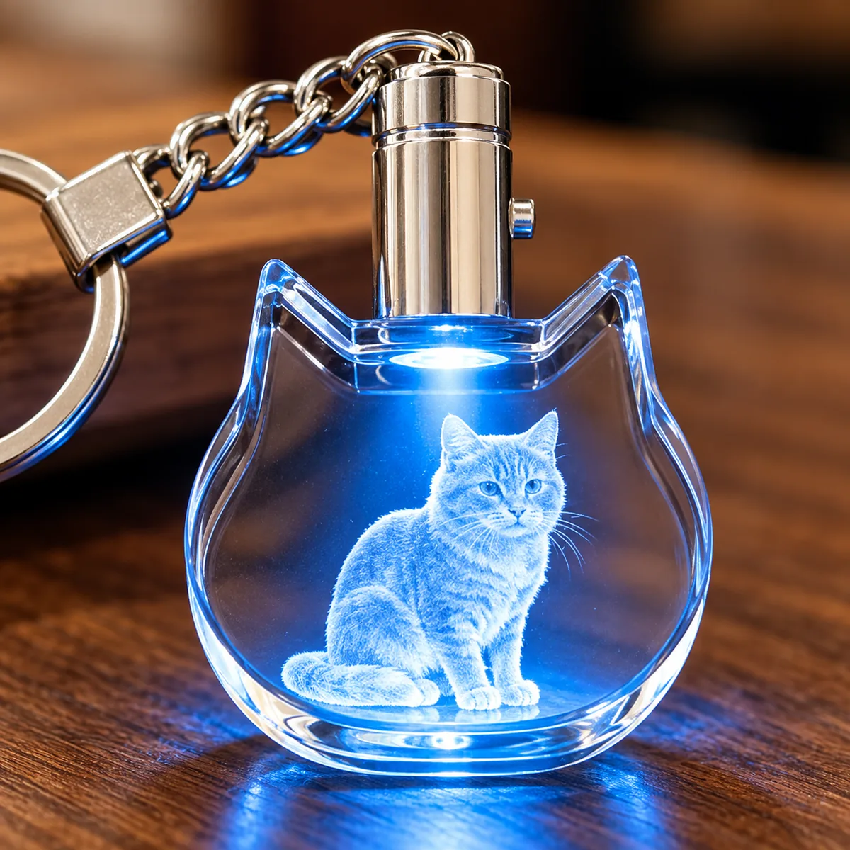 Personalized Cat-Shaped Crystal Photo Keychain, close-up detail