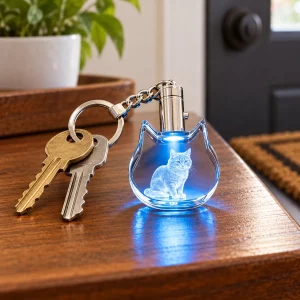 Personalized Cat-Shaped Crystal Photo Keychain, attached to keys