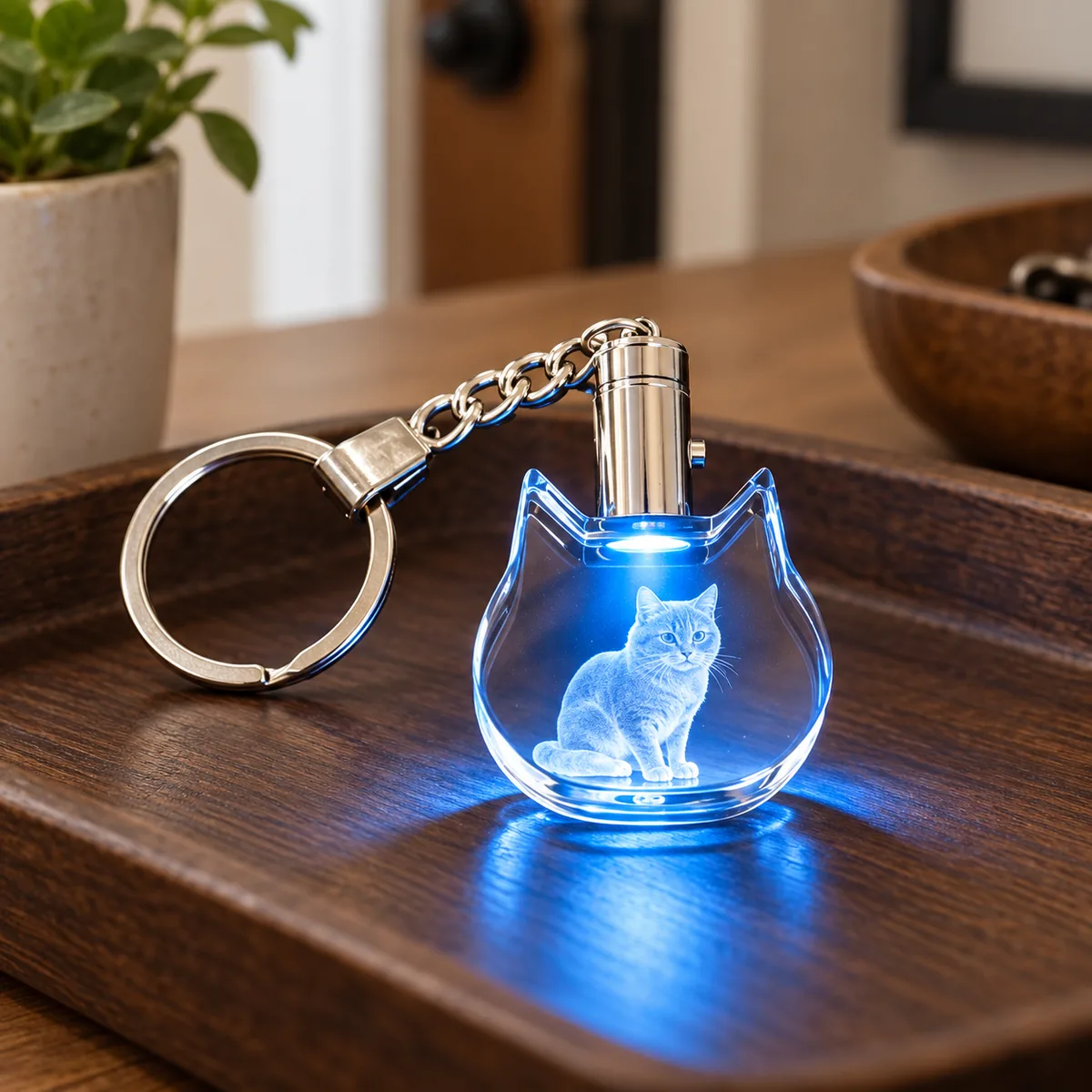 Personalized Cat-Shaped Crystal Photo Keychain, illuminated view