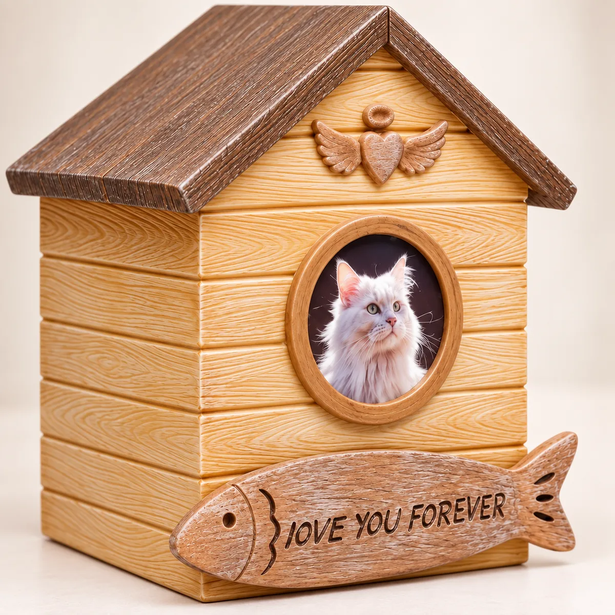 Detail of white cat portrait, winged heart and fish plaque on pet urn
