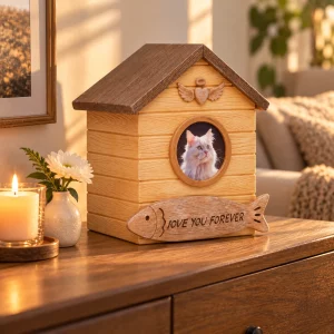 House-shaped cat photo urn on a warm living-room sideboard