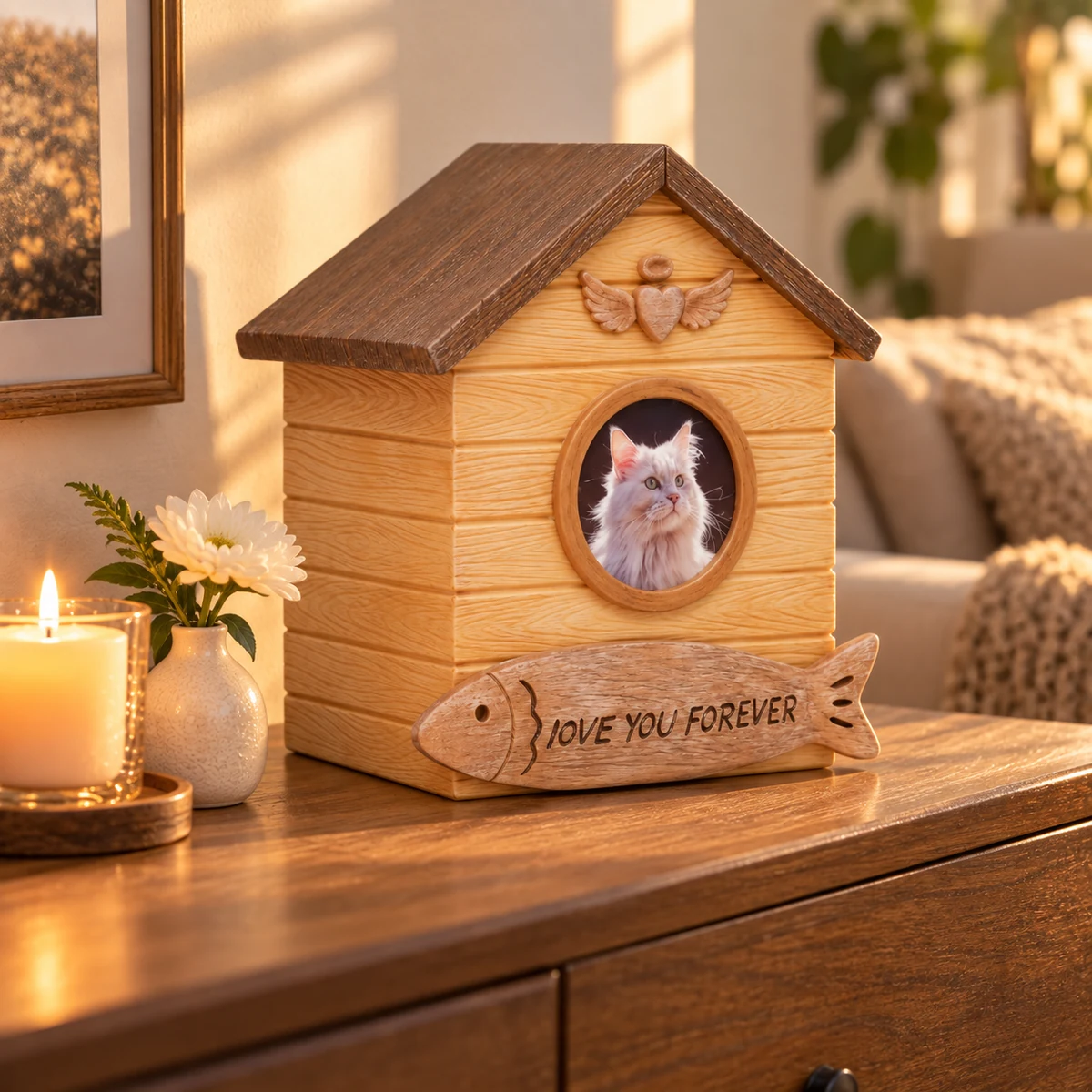 House-shaped cat photo urn on a warm living-room sideboard