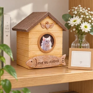 Cat house photo urn displayed on an indoor shelf beside white flowers