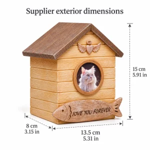 Cat house urn exterior dimensions: 13.5 cm wide, 8 cm deep and 15 cm high