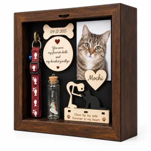 Cat memorial shadow box frame viewed from a slight angle showing frame depth