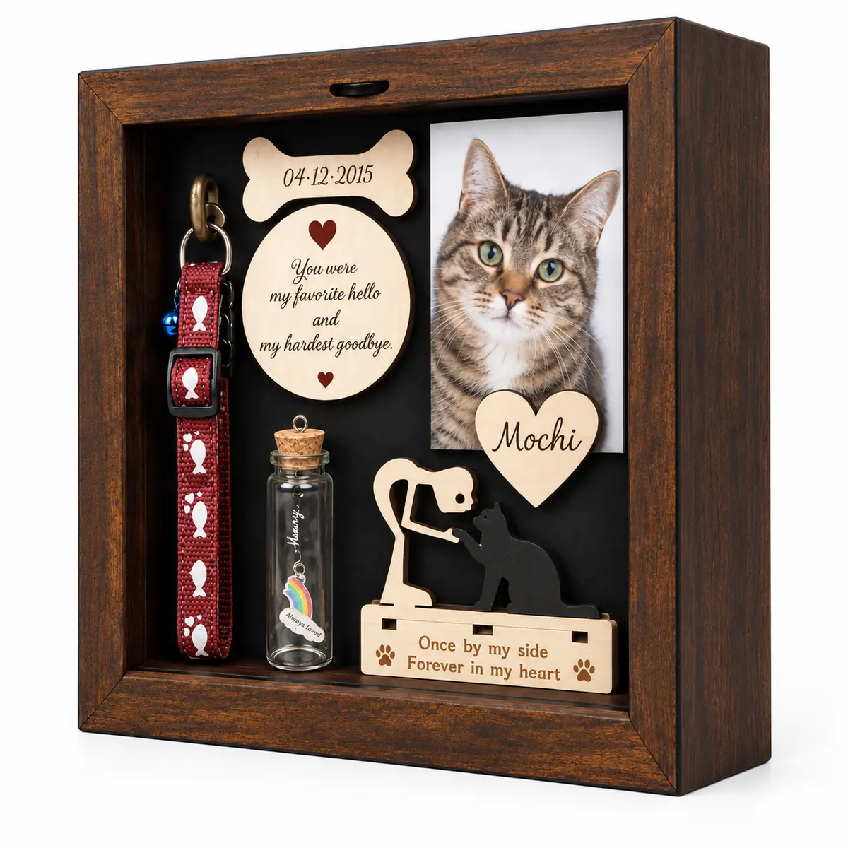Cat memorial shadow box frame viewed from a slight angle showing frame depth
