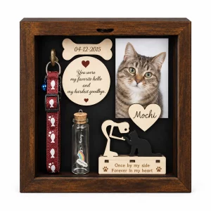 Cat memorial shadow box frame with sample tabby portrait and cat-themed keepsakes