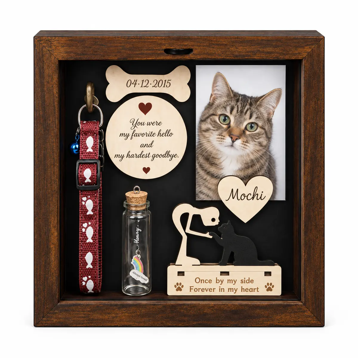Cat memorial shadow box frame with sample tabby portrait and cat-themed keepsakes