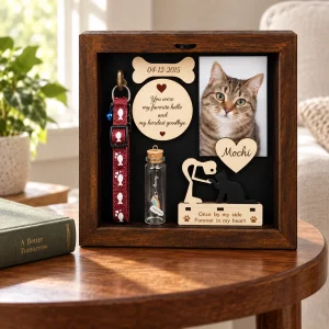 Cat memorial shadow box on an indoor side table beside a book