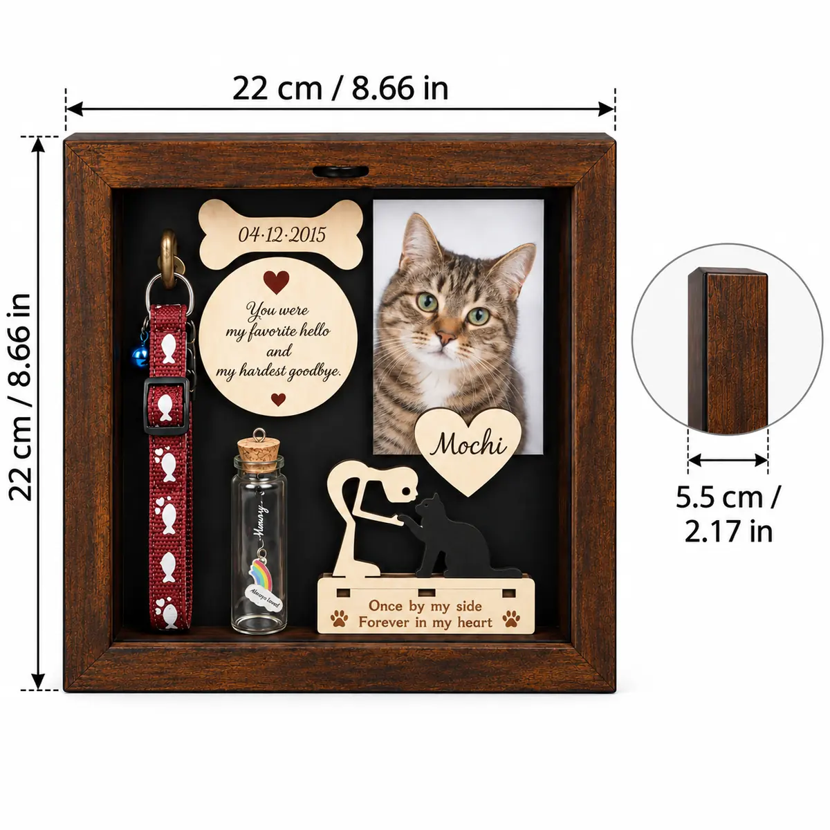Cat memorial shadow box exterior dimensions: 22 cm wide, 22 cm high and 5.5 cm deep