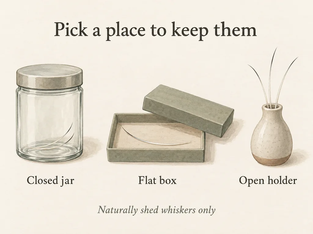 A closed jar, a shallow box and an open holder illustrate three ways to keep naturally shed cat whiskers.