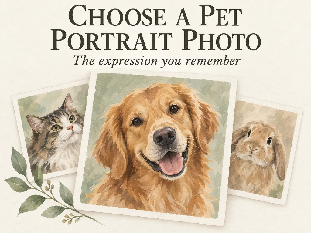 A golden retriever reference card with a slight head tilt beneath the title Choose a pet portrait photo.