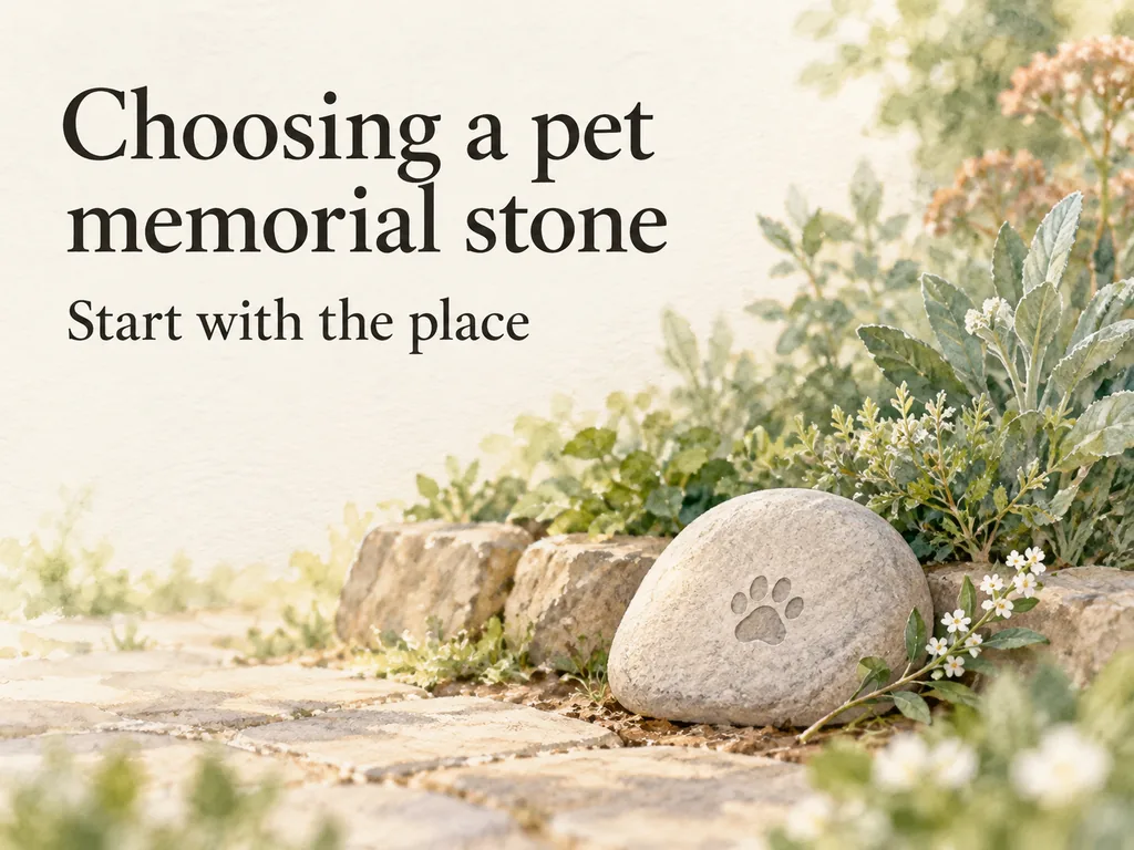 A rounded stone with a paw motif sits beside garden greenery under the title Choosing a pet memorial stone.