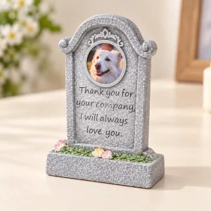Thank You for Your Company pet memorial plaque, tall gray plaque with floral base and round sample dog portrait, angled product view