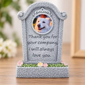 Thank You for Your Company pet memorial plaque, tall gray plaque with floral base and round sample dog portrait, close detail view