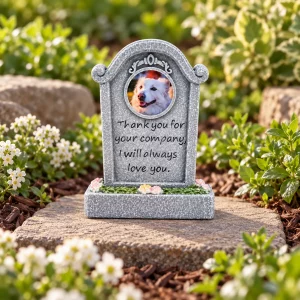 Thank You for Your Company dog memorial plaque, on a flat garden paver beside flowers, garden setting