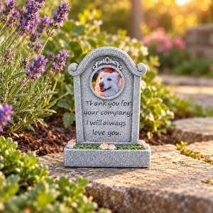 Thank You for Your Company dog memorial plaque, on a flat stone beside a garden path, garden setting