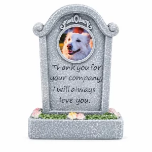 Thank You for Your Company pet memorial plaque, tall gray plaque with floral base and round sample dog portrait, front product view