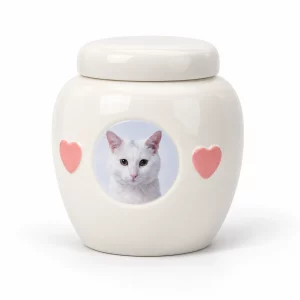 Cream ceramic pet urn with two pink hearts and a closed plain lid