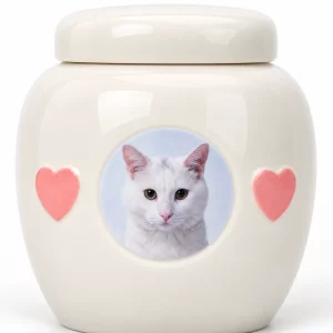 Close view of the sample white cat portrait and two pink hearts on cream ceramic