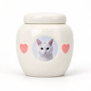 Cream ceramic pet photo urn with a sample white cat portrait and two pink hearts