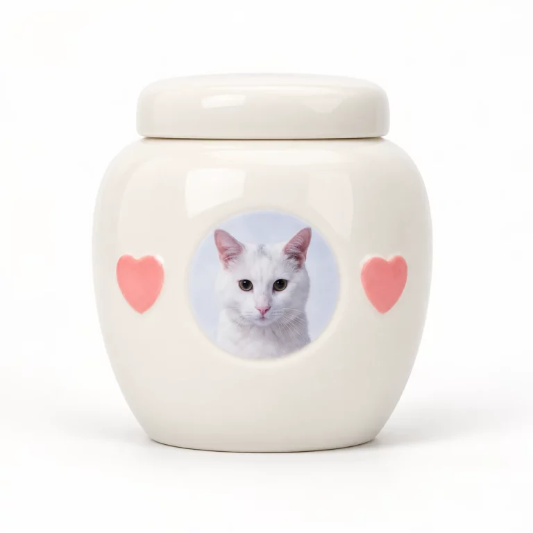 Cream ceramic pet photo urn with a sample white cat portrait and two pink hearts