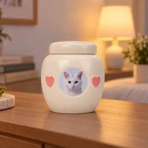 Cream ceramic pet photo urn with pink hearts on a bedroom dresser