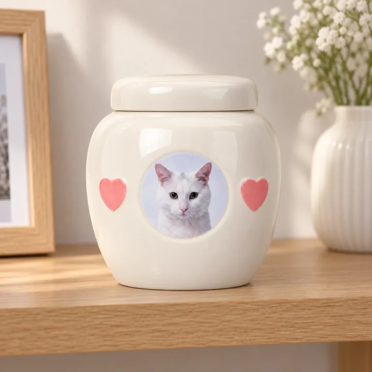 Cream ceramic cat photo urn displayed on an indoor remembrance shelf