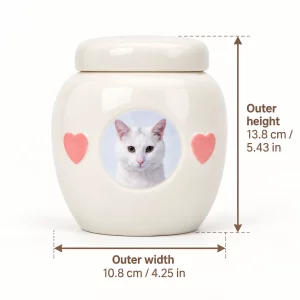 Cream ceramic pet urn exterior size: 10.8 cm wide and 13.8 cm high