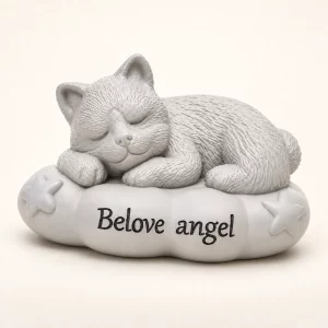 Front angled view of sleeping pet figurine on pale oval cushion urn