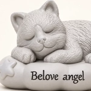 Close view of resting pet face and fixed Belove angel words on cushion urn