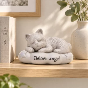 Sleeping pet cushion urn displayed on indoor wooden memorial shelf